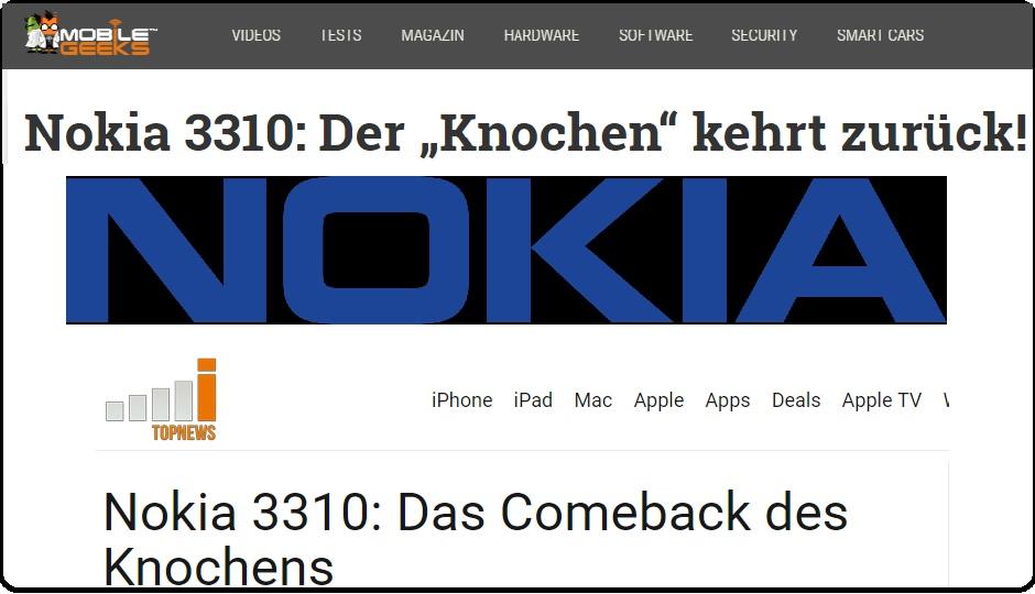 NOKIA - Montage aus Screenshots von Mobilegeeks.de und iTopNews.de, sowie Logo der NOKIA Corportation, Public Domain via Wikimedia Commmons